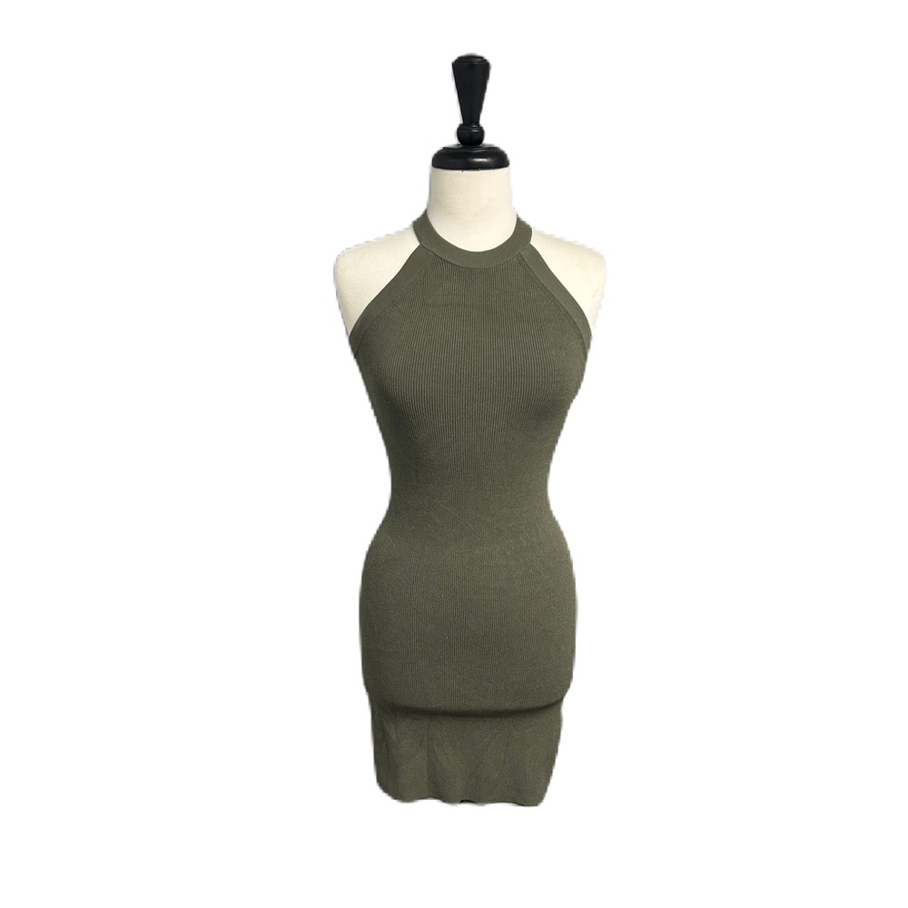 Aritzia Wilfred Free Dress Sz Small Olive Green Knit Halter Midi Body Con Date